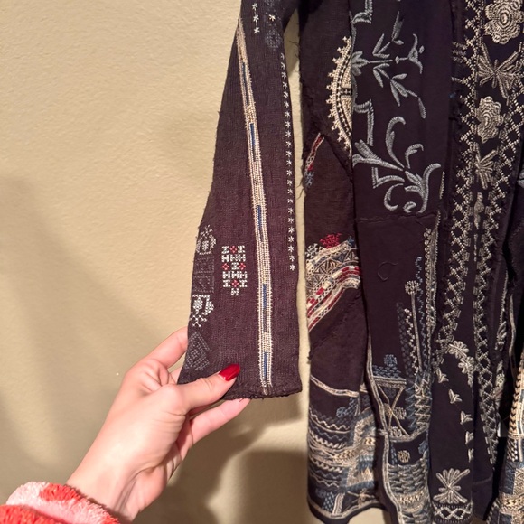 Johnny Was Biya Embroidered Long Sleeve Hooded Duster Cardigan Black Cream XS - Picture 3 of 7
